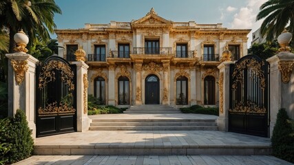 Fototapeta premium An impressive building features a prominent black gate in front