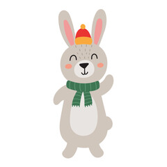Cute rabbit wearing winter clothes. Adorable forest character isolated on white background. Woodland animal in cartoon style for kids design. Vector illustration