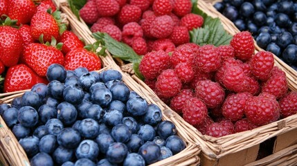 Obraz premium Fresh Strawberries and Berries in Rustic Baskets