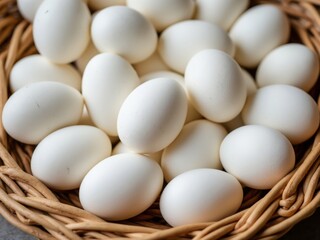 A large collection of white eggs arranged in a wicker basket, representing fresh and natural farm eggs with a rustic, organic presentation