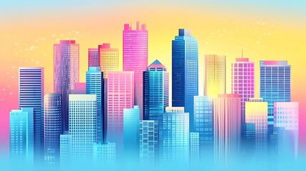 Obraz premium Colorful cityscape with skyscrapers and a bright sunrise.