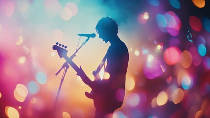 Fototapeta premium Guitarist Silhouette in Colorful Concert Atmosphere