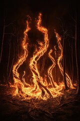 A mesmerizing display of flames twisting and swirling, illuminating the dark forest with vibrant orange and red hues against a backdrop of charred trees.