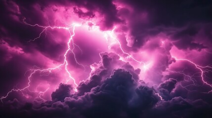 Bright pink lightning illuminating dramatic storm clouds in an intense weather scene