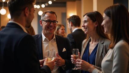 Blurred shots of office party featuring businesspeople networked together under soft lights  bokeh
