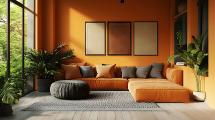 Cozy living room with orange accents and plants for relaxation.