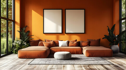 Cozy living room with orange walls and modern furniture.
