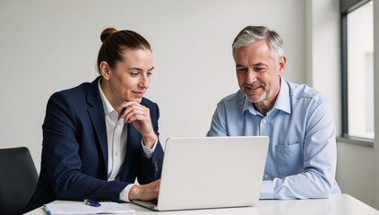 A seasoned colleague coaches a junior counterpart discussing work details on a shared device at their respective desks