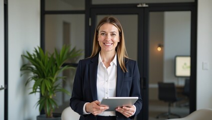 Business-focused office scene featuring a smiling professional woman entrepreneur with tablet and working in an office setting
