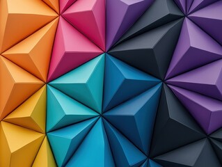 Fototapeta premium A vibrant, geometric pattern featuring colorful, 3D triangular facets in shades of orange, pink, blue, and purple against a dark background.