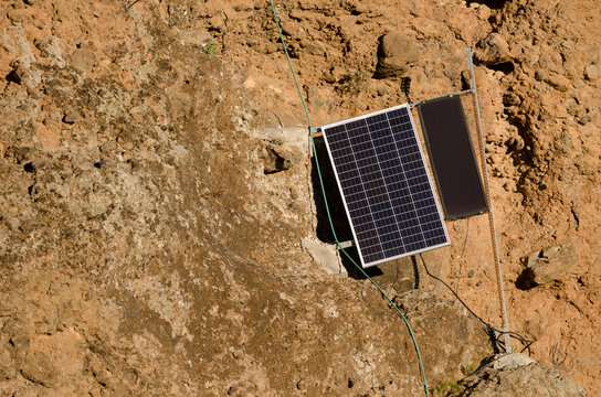 Solar panel on a cliff. The Nublo Rural Park. Tejeda. Gran Canaria. Canary Islands. Spain.