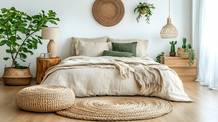 Cozy, minimalist bedroom with natural elements and greenery.