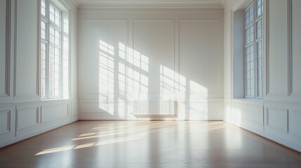 Obraz premium Bright, sunny room with large windows casting shadows on white walls and wooden floor