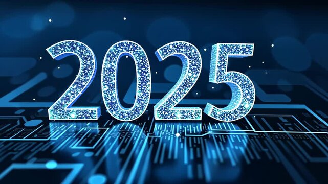 Digital greeting card number text 2025 blue technology, christmas and new year, festive atmosphere