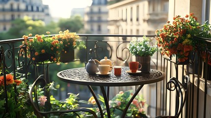  Parisian Balcony: A tranquil scene of a Parisian balcony adorned with vibrant flowers,  a steaming cup of tea, and a picturesque city view, evoking a sense of serenity and Parisian charm. 