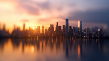 Fototapeta premium Blurred City Skyline at Sunset with Reflection