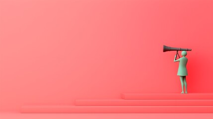Person using a telescope on stylized steps against a coral backdrop