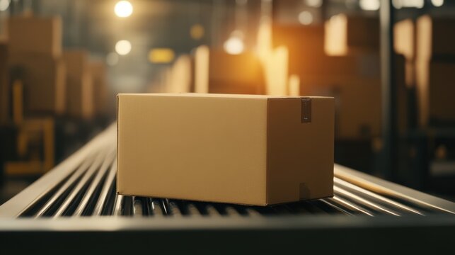 Cardboard Box Moving on Conveyor Belt in Warehouse
