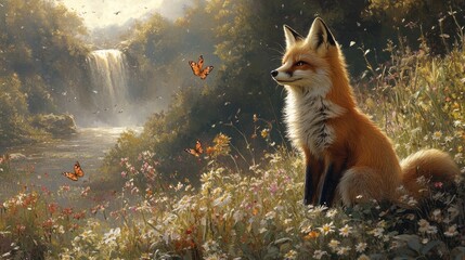 Naklejka premium one fox with butterflies painting illustration