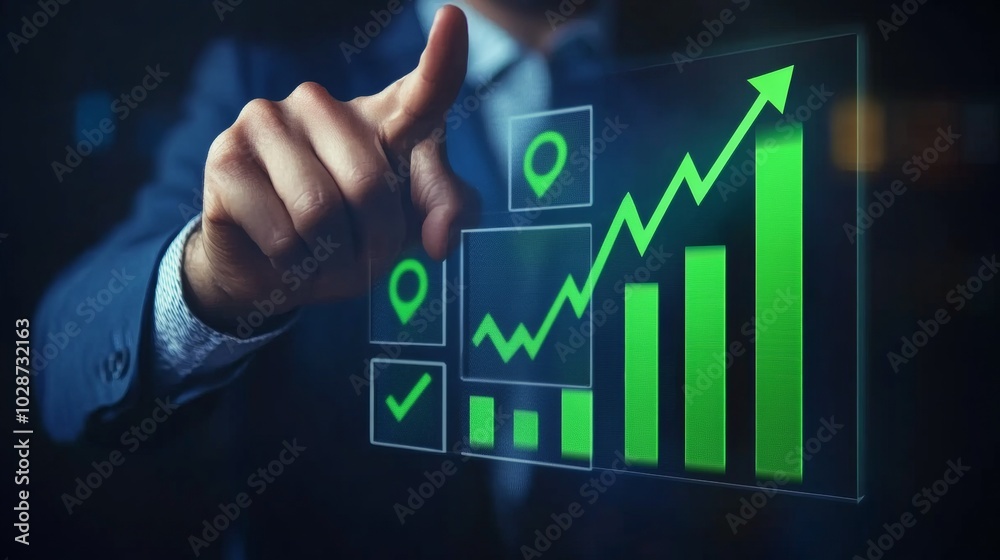 Wall mural business growth projection: a hand indicates a green bar chart hologram with a rising trend