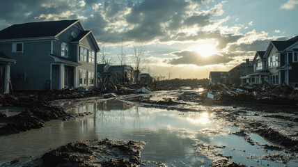 Flooded residential area with mud and debris under a dramatic sunset, showcasing effects of a natural disaster