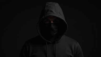 Computer Hacker Black-hooded figure in Dark Moody Background