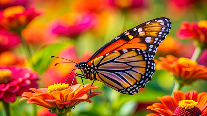 Fototapeta premium An orange monarch butterfly perched on a vibrant flower.