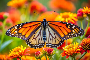 An orange monarch butterfly perched on a vibrant flower.