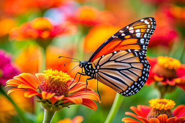 Fototapeta premium An orange monarch butterfly perched on a vibrant flower.