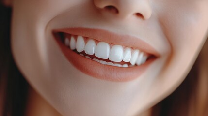 smile with perfectly white teeth and natural pink lips. 