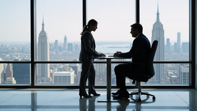Employee requests guidance on career growth from supervisor against city skyline backdrop