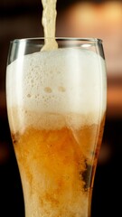 Close-up of beer pouring into pint , freeze motion.
