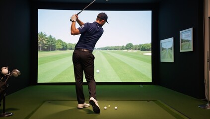 Golf enthusiast plays golf within an indoor simulator