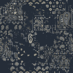 Black bandana paisley fabric patchwork wallpaper abstract vector seamless pattern for scarf kerchief shirt fabric carpet rug tablecloth pillow grunge  effect in separate layer
