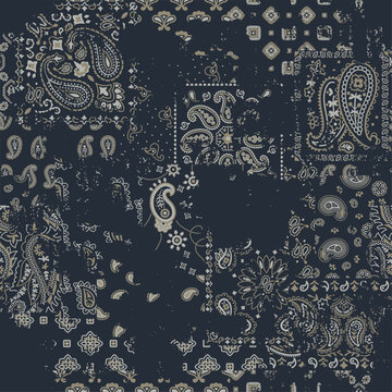 Black bandana paisley fabric patchwork wallpaper abstract vector seamless pattern for scarf kerchief shirt fabric carpet rug tablecloth pillow grunge  effect in separate layer