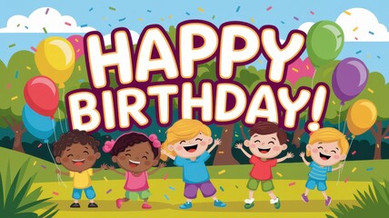 Fototapeta premium Happy birthday celebration with kids and balloons 