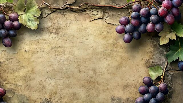 A close-up of ripe grapes hanging from a vine against a textured, weathered wall