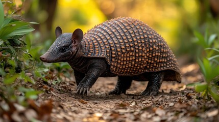 Obraz premium Armadillo searching for food in the morning sunrise