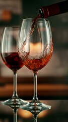 Close-up of red wine pouring into glass , freeze motion.