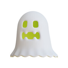 3D Cartoon ghost with a green glowing face is floating