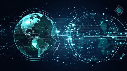 Obraz premium Two glowing digital globes interconnected, symbolizing global connectivity, communication, and technology.