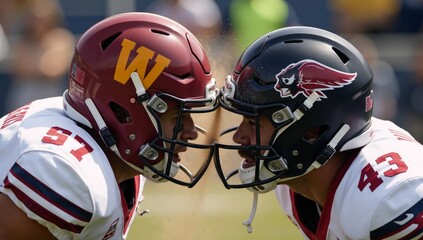 Football clash Two teams helmets collide on the gridiron symbolizing fierce competition in American football