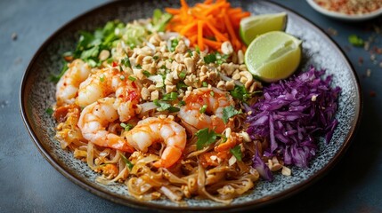 Colorful Shrimp Pad Thai with Fresh Vegetables and Lime