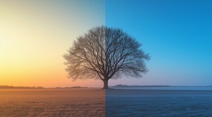 a lone tree in a vast field, one side  is bathed in warm , while the other fades into cool. environment contrast concept
