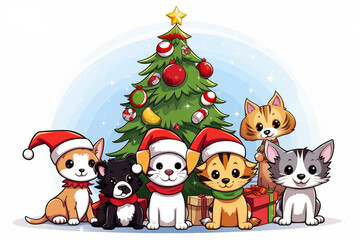 playful group of kitten and puppies, gathered around festive Christmas tree. Wearing Santa hats with joyful smile holiday season concept