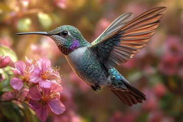 Fototapeta premium Beautiful Hummingbird with Iridescent Purple and Green Feathers Flying Around Pink Flowers in Rainforest, Photorealistic, National Geographic Style 