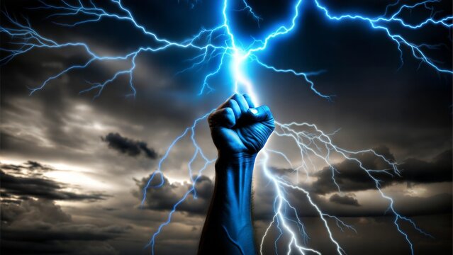 Hand Holding Lightning Bolt: Symbol of Energy and Power with Stormy Blue Glow