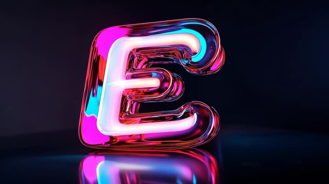 Pink neon letter e glowing and reflecting