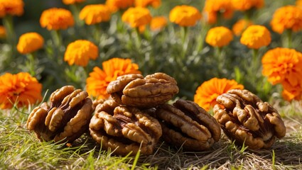 Walnuts and Orange Marigolds in Sunlit Garden