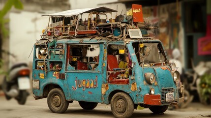 A Blue Van Loaded With Junk